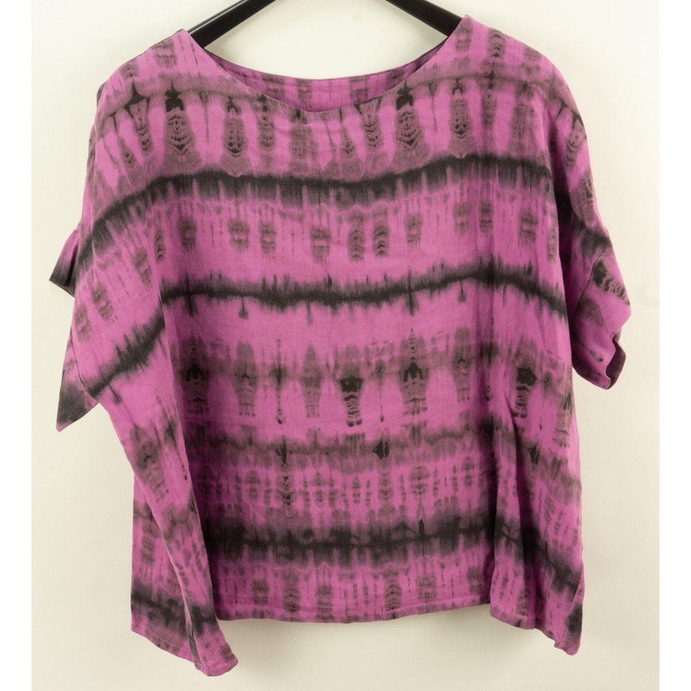 Bryn Walker Linen Short Sleeve Tunic Top Tie Dye Womens XL Pink Gray Lagenlook
